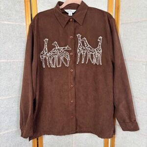 Blast Studio Giraffe Shirt Womens Large Brown Faux Suede Embroidered